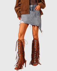 Babar Gem Embellished Fringe Lace Up Heels In Brown