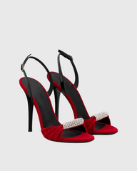 Babe Rhinestone Velvet Slingback Sandals In Red