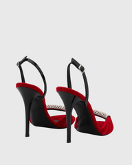 Babe Rhinestone Velvet Slingback Sandals In Red