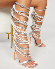 Badr Pearl Strappy Sandals In Silver