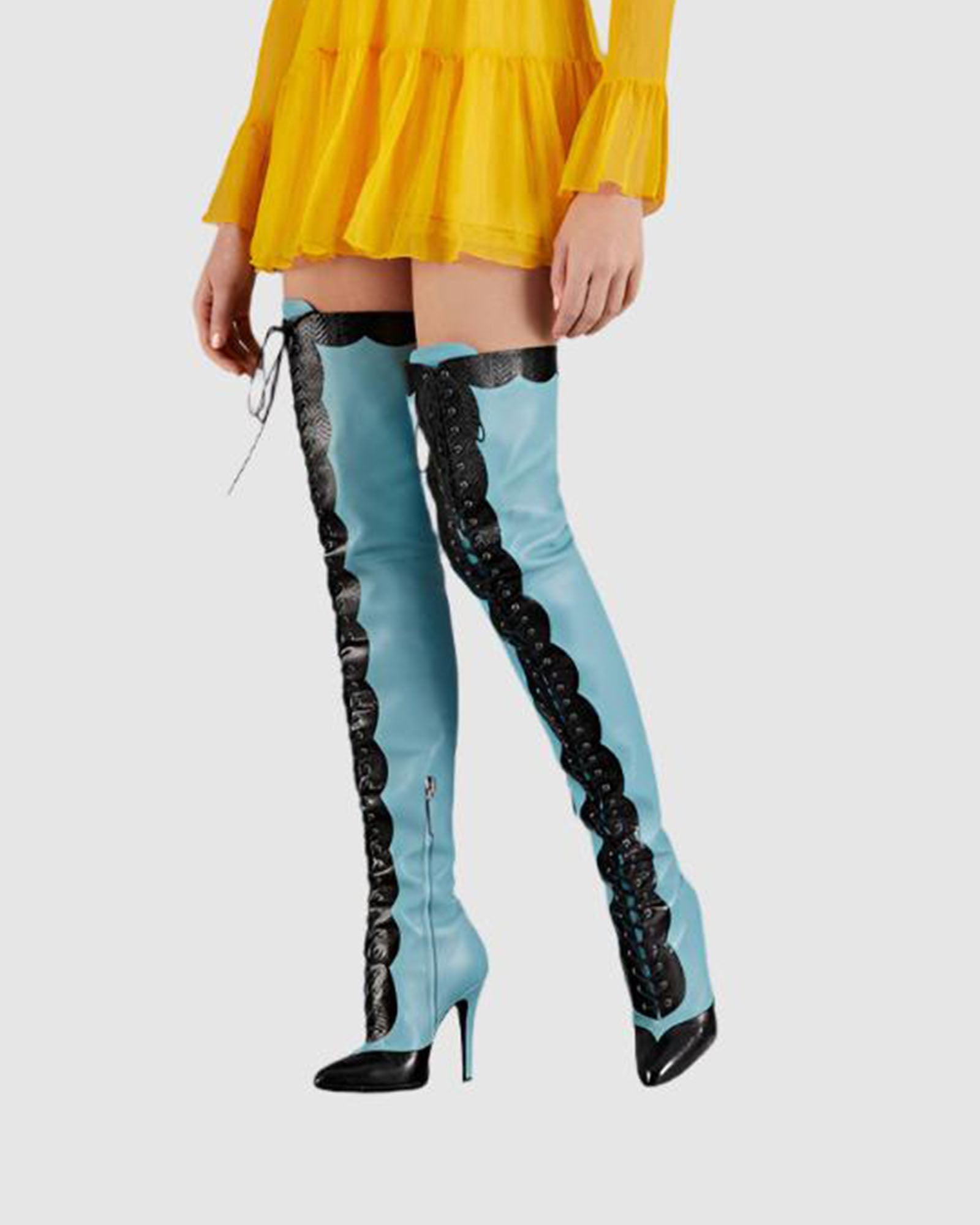 Balbina Leather Lace Up Over The Knee Boots In Sky