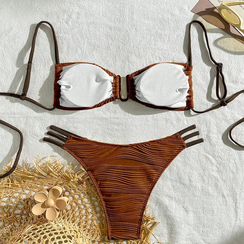 Beige Solid Color Bikini Set