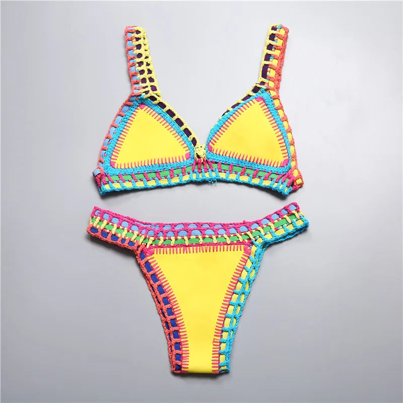 Bikini Crochet Handmade Knit Patchwork Reversible 2 Piece Swimsuit Halter Top Brazilian Bathing Suit Thong Swimwear