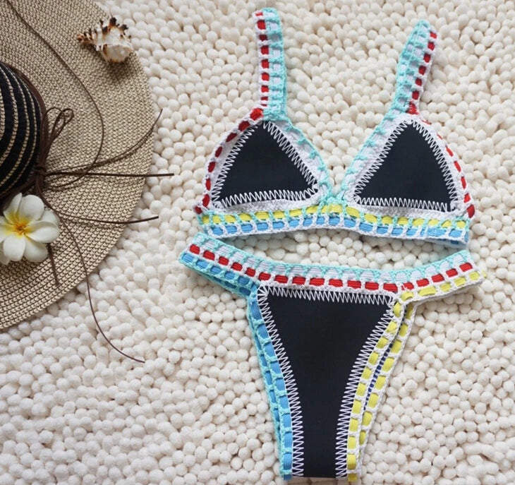 Bikini Crochet Handmade Knit Patchwork Reversible 2 Piece Swimsuit Halter Top Brazilian Bathing Suit Thong Swimwear