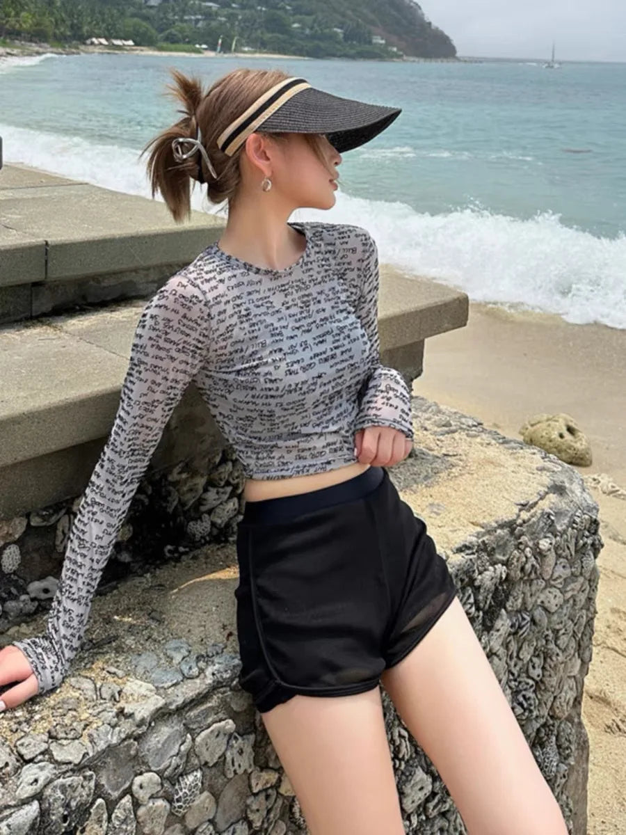 Black Letter Print Long Sleeve Cover Up 3 Piece Swimsuit Push Up High Waist Shorts Bikini Bathing Suit Surf Swimwear