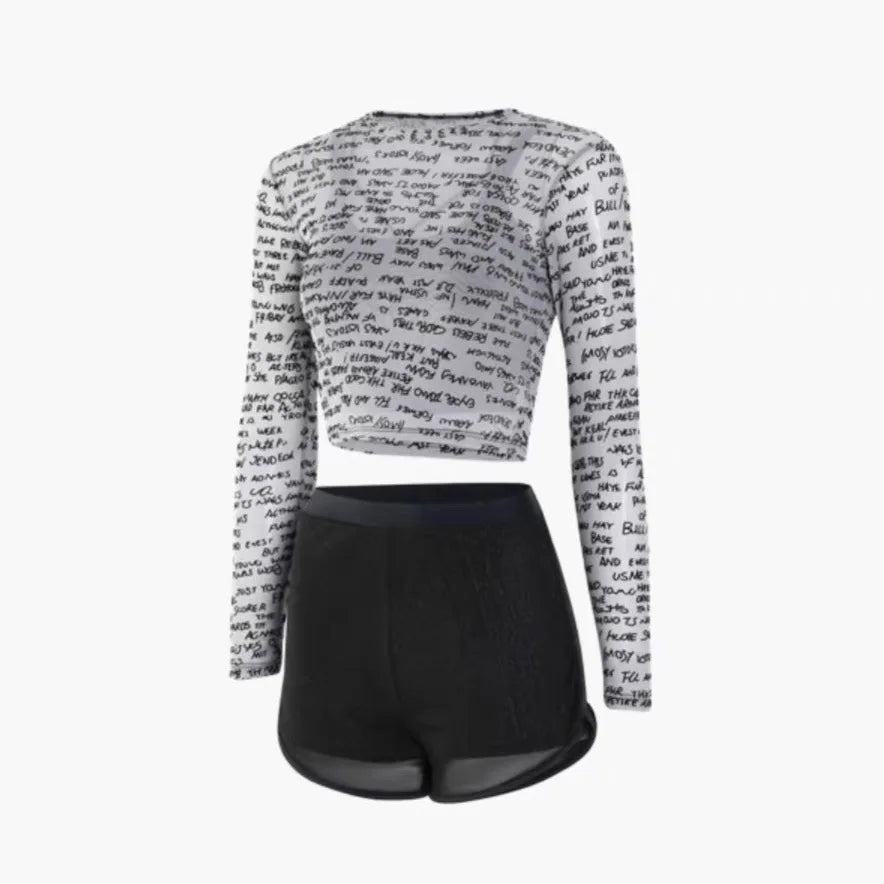 Black Letter Print Long Sleeve Cover Up 3 Piece Swimsuit Push Up High Waist Shorts Bikini Bathing Suit Surf Swimwear