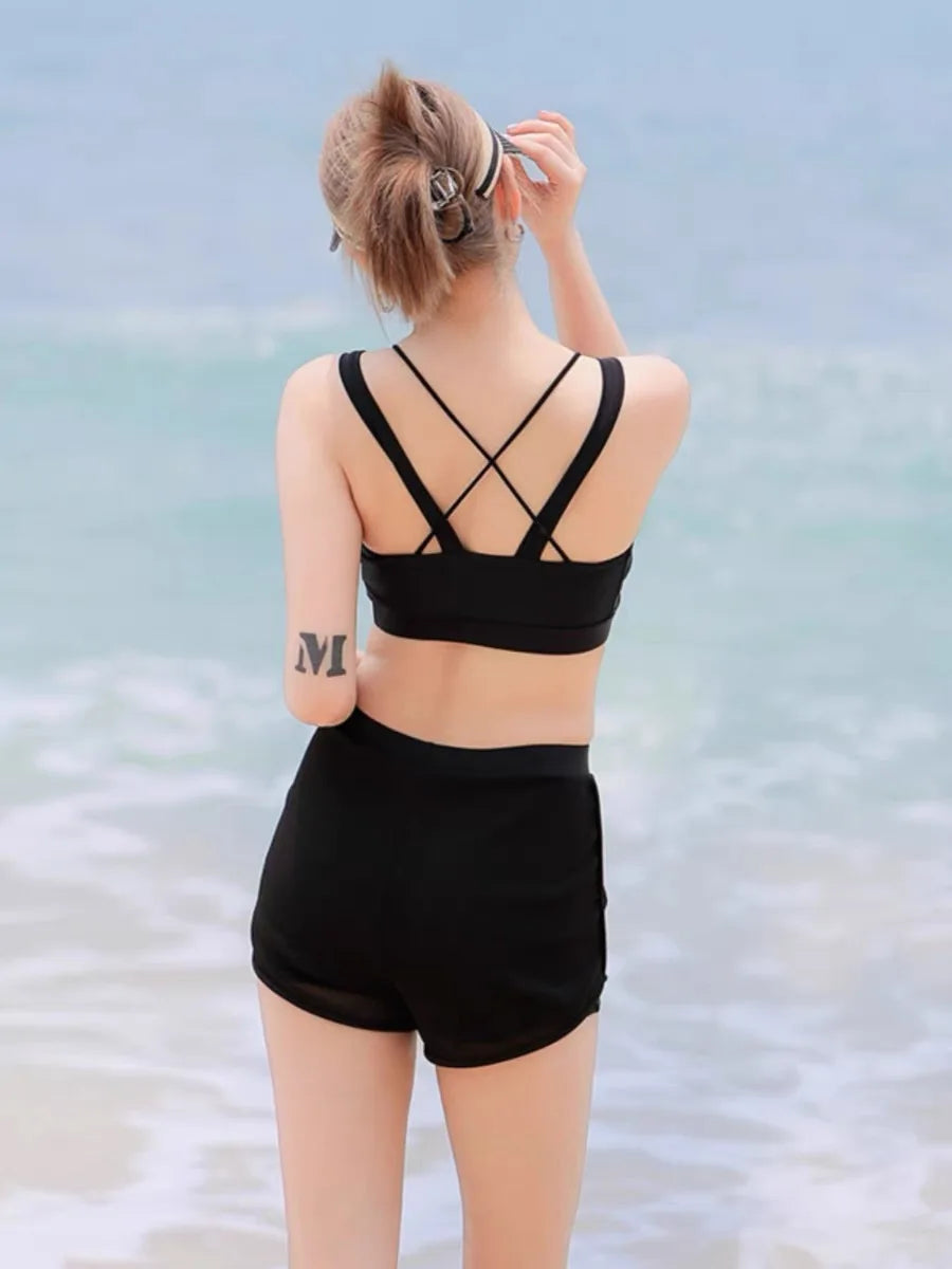 Black Letter Print Long Sleeve Cover Up 3 Piece Swimsuit Push Up High Waist Shorts Bikini Bathing Suit Surf Swimwear