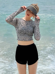 Black Letter Print Long Sleeve Cover Up 3 Piece Swimsuit Push Up High Waist Shorts Bikini Bathing Suit Surf Swimwear