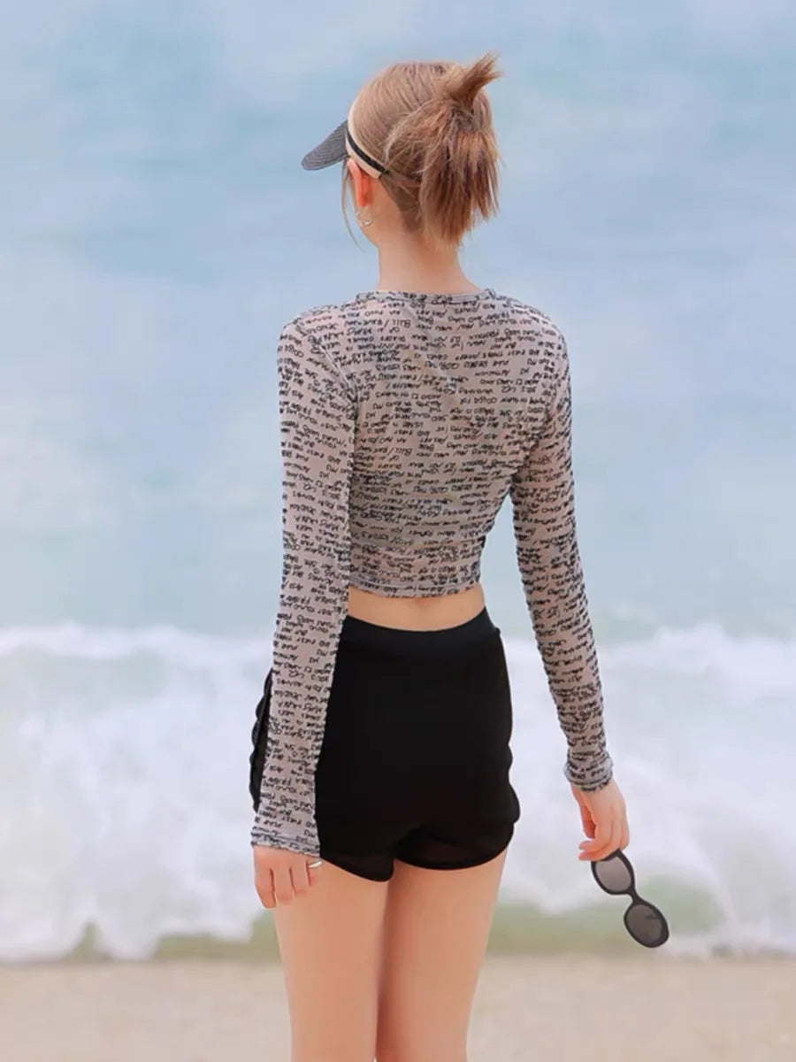 Black Letter Print Long Sleeve Cover Up 3 Piece Swimsuit Push Up High Waist Shorts Bikini Bathing Suit Surf Swimwear
