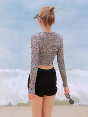 Black Letter Print Long Sleeve Cover Up 3 Piece Swimsuit Push Up High Waist Shorts Bikini Bathing Suit Surf Swimwear