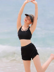 Black Letter Print Long Sleeve Cover Up 3 Piece Swimsuit Push Up High Waist Shorts Bikini Bathing Suit Surf Swimwear