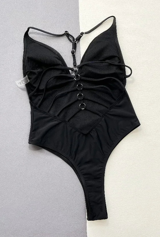 Black Solid Color Bikini One Piece Swimsuit
