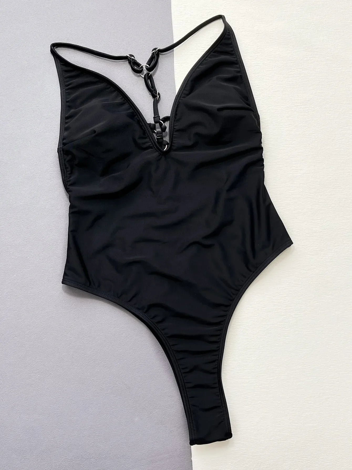 Black Solid Color Bikini One Piece Swimsuit