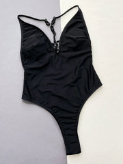 Black Solid Color Bikini One Piece Swimsuit