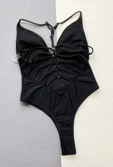 Black Solid Color Bikini One Piece Swimsuit