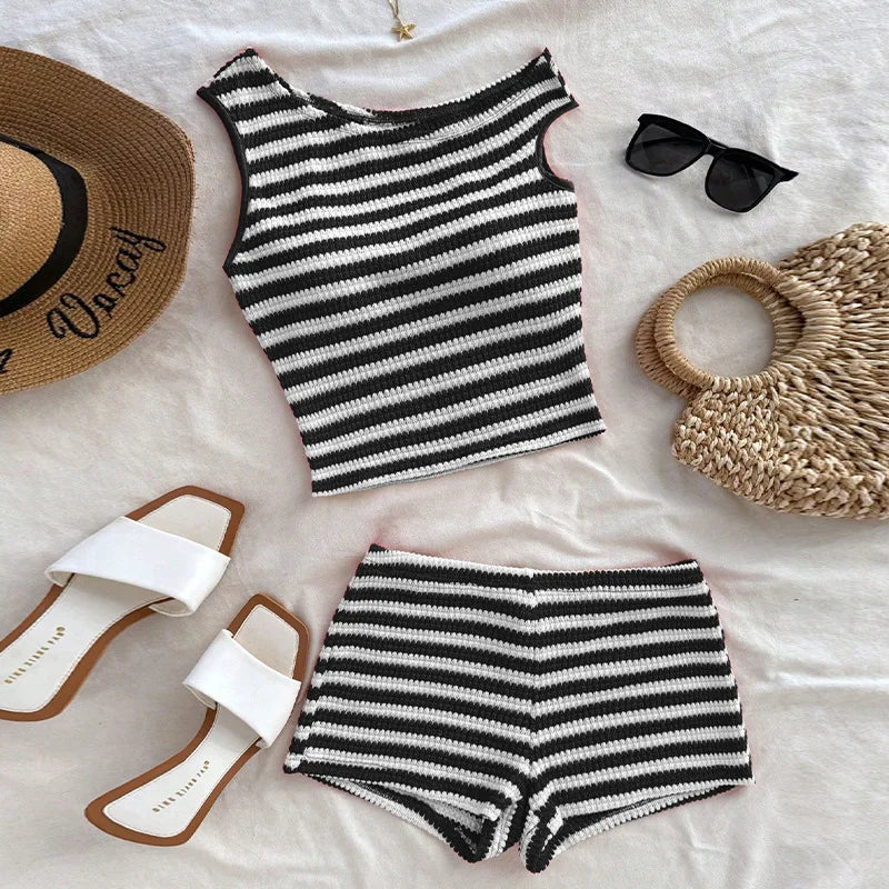 Black Striped Two Piece Bikinis Sets