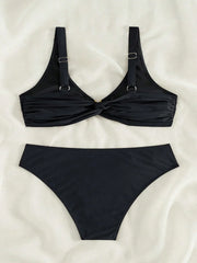 Black Two Piece Swimsuit Metal Shell Decoration Bikini V-neck Push Up Bra High Waist Beach Vacation Swimwear New