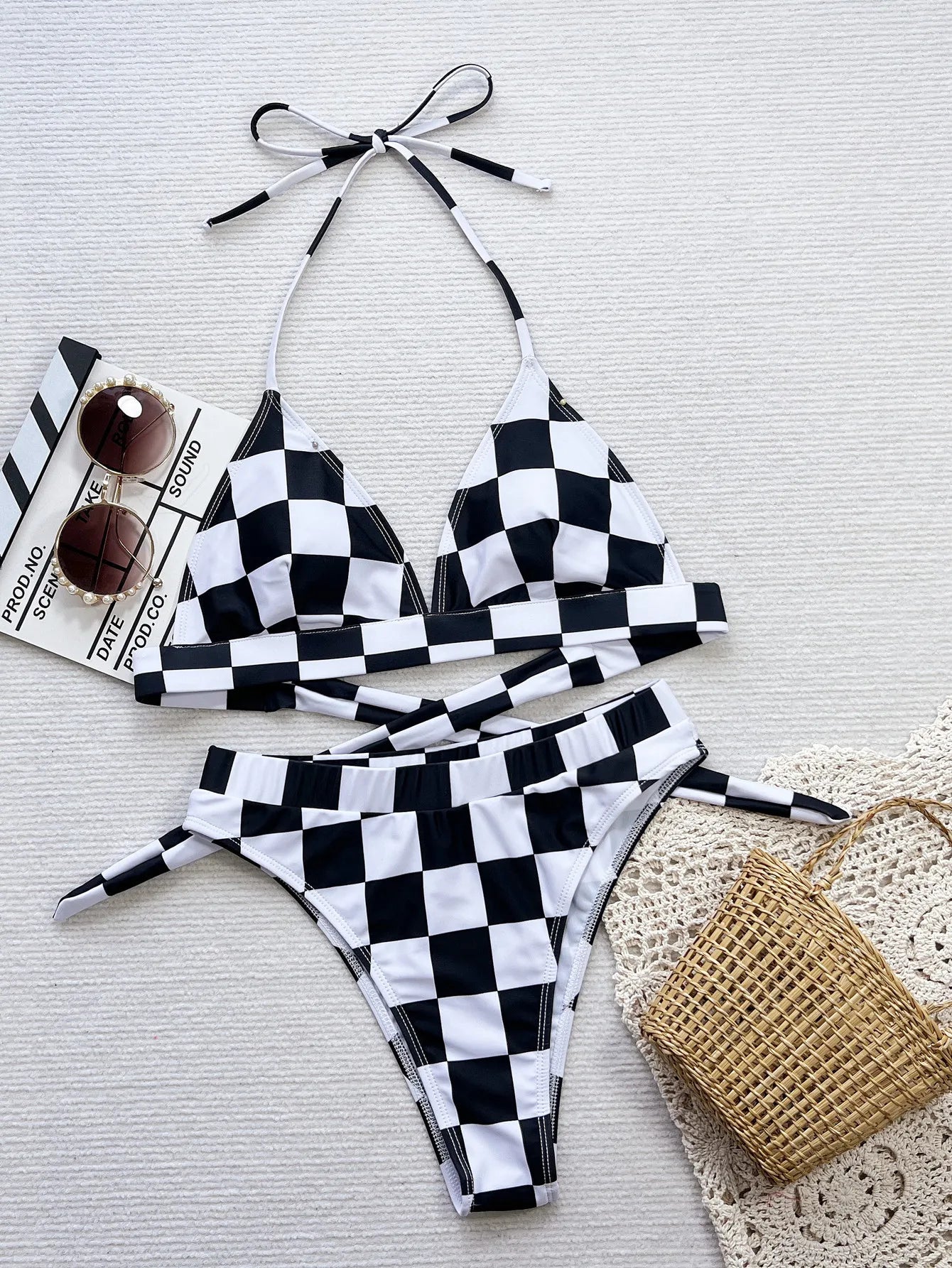 Black and White Checkered Print 2-piece Swimsuit Bikini Set