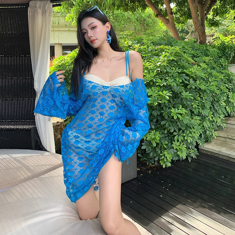 Blue Knit Long Sleeve Cover Up 3 Piece Bikini Set