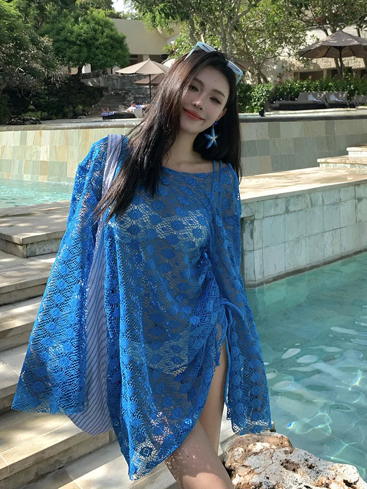 Blue Knit Long Sleeve Cover Up 3 Piece Bikini Set