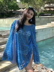Blue Knit Long Sleeve Cover Up 3 Piece Bikini Set