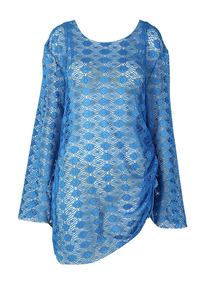Blue Knit Long Sleeve Cover Up 3 Piece Bikini Set