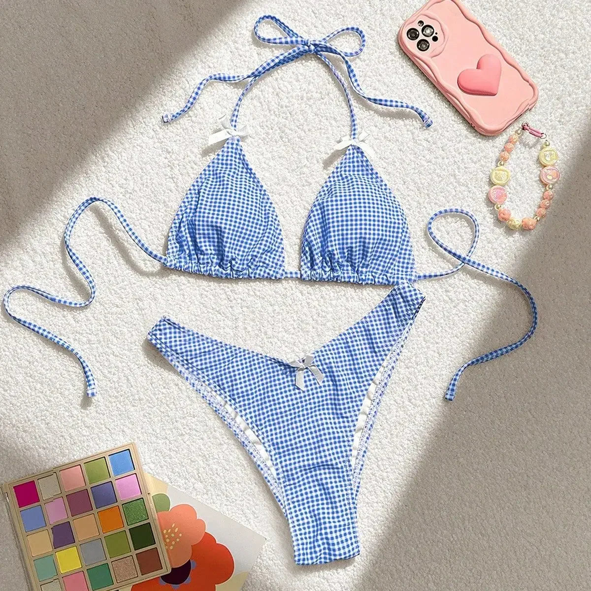 Blue Plaid Print Two Piece Swimsuit