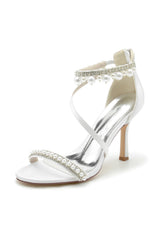 Wedding Shoes Satin High Heel Pearl Rhinestone Tassel Open Toe Sandals Wedding Party Shoes