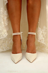 Faux Leather Block Heel Point Toe Wedding Heels Bridal Shoes Pearl Ribbon Tie Elegant Wedding Shoes