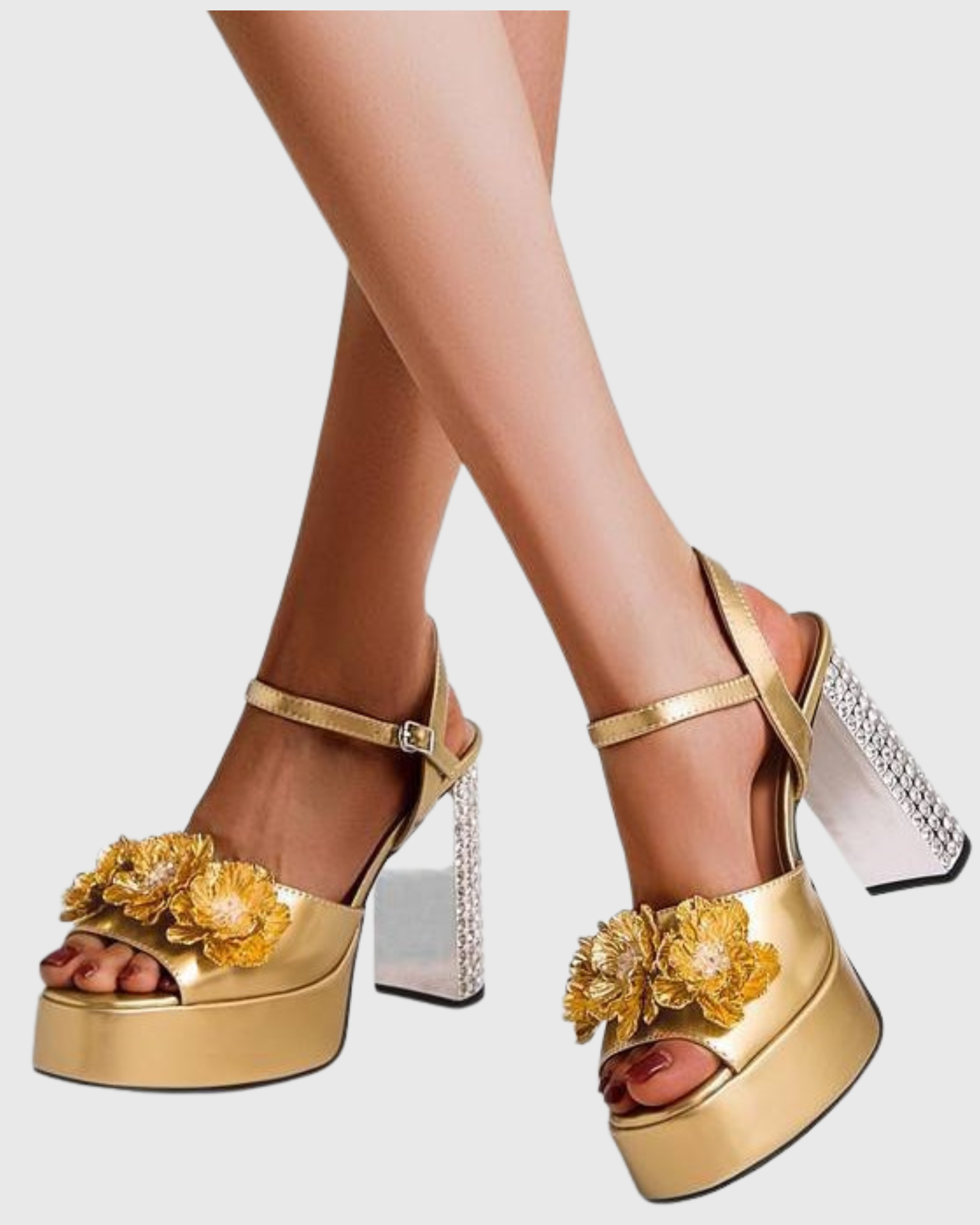 Zaahir Rhinestone Flower Strap Platform Sandals In Gold
