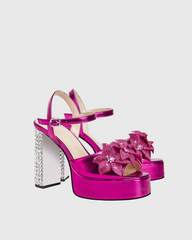 Zaahir Rhinestone Flower Strap Platform Sandals In Hot Pink