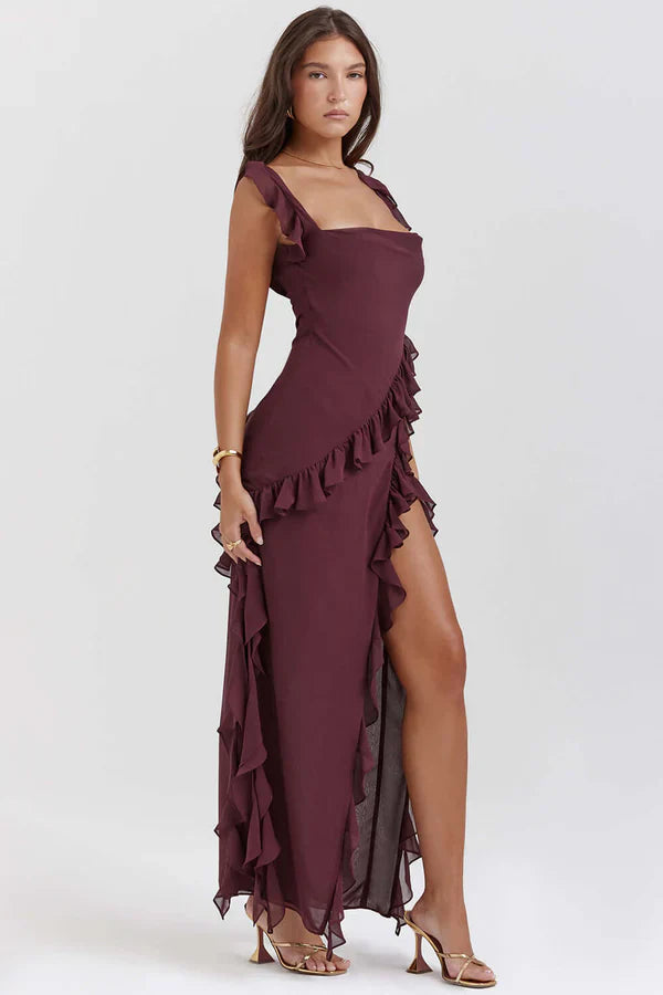 Split Ruffled Square Neck Maxi Dress