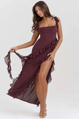 Split Ruffled Square Neck Maxi Dress