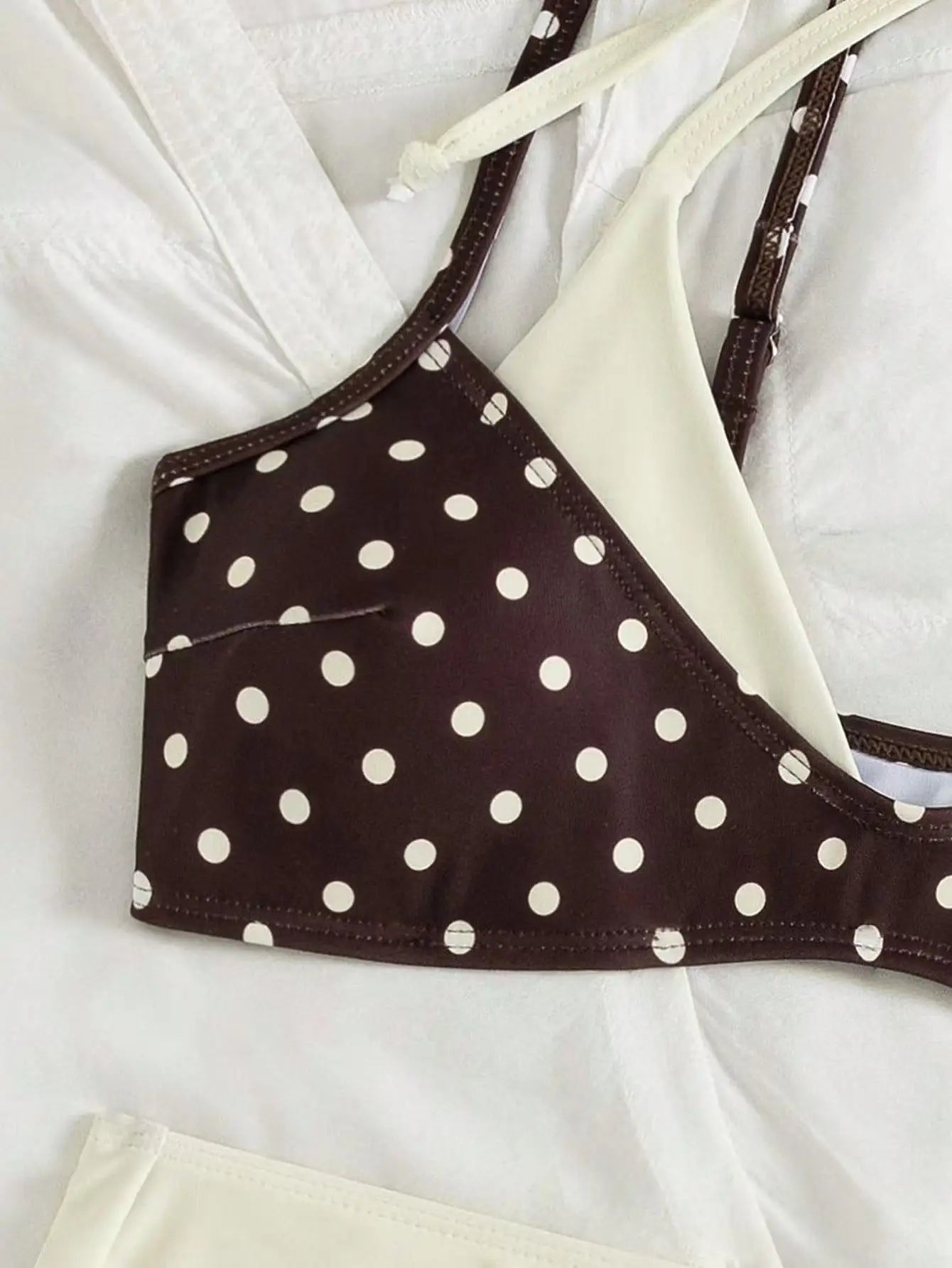 Coffee Polka Dot Print Patchwork Bikini Set