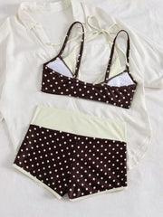 Coffee Polka Dot Print Patchwork Bikini Set