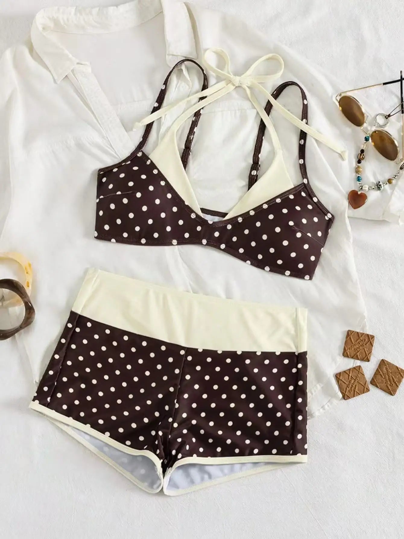 Coffee Polka Dot Print Patchwork Bikini Set