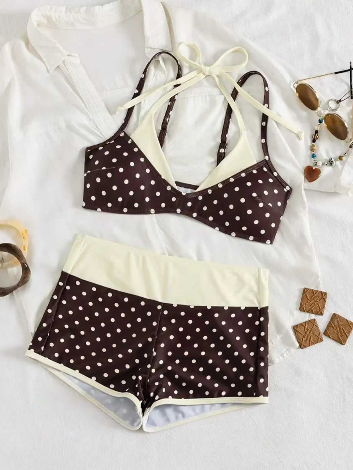 Coffee Polka Dot Print Patchwork Bikini Set