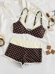 Coffee Polka Dot Print Patchwork Bikini Set