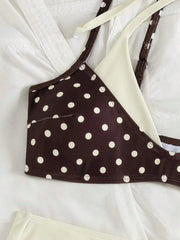 Coffee Polka Dot Print Patchwork Bikini Set