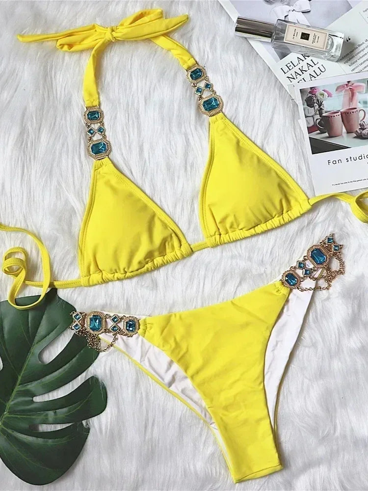 Crystal Diamond Bikinis Creative Metal Chain Accessories Swimsuit Straps Solid Color Low Waist Thong Beachwear 2025