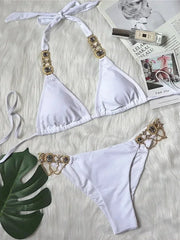 Crystal Diamond Bikinis Creative Metal Chain Accessories Swimsuit Straps Solid Color Low Waist Thong Beachwear 2025