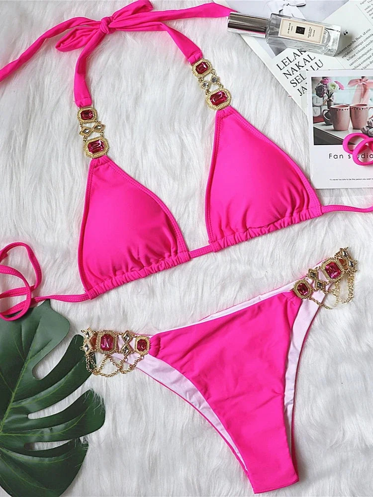 Crystal Diamond Bikinis Creative Metal Chain Accessories Swimsuit Straps Solid Color Low Waist Thong Beachwear 2025