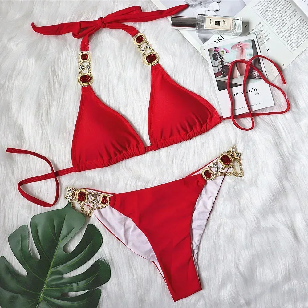 Crystal Diamond Bikinis Creative Metal Chain Accessories Swimsuit Straps Solid Color Low Waist Thong Beachwear 2025