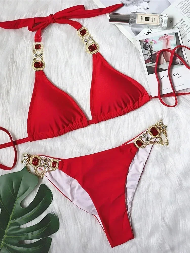 Crystal Diamond Bikinis Creative Metal Chain Accessories Swimsuit Straps Solid Color Low Waist Thong Beachwear 2025