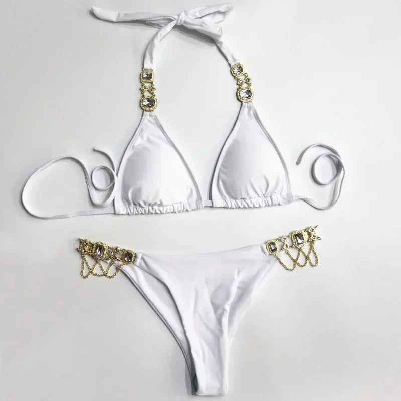 Crystal Diamond Bikinis Creative Metal Chain Accessories Swimsuit Straps Solid Color Low Waist Thong Beachwear 2025