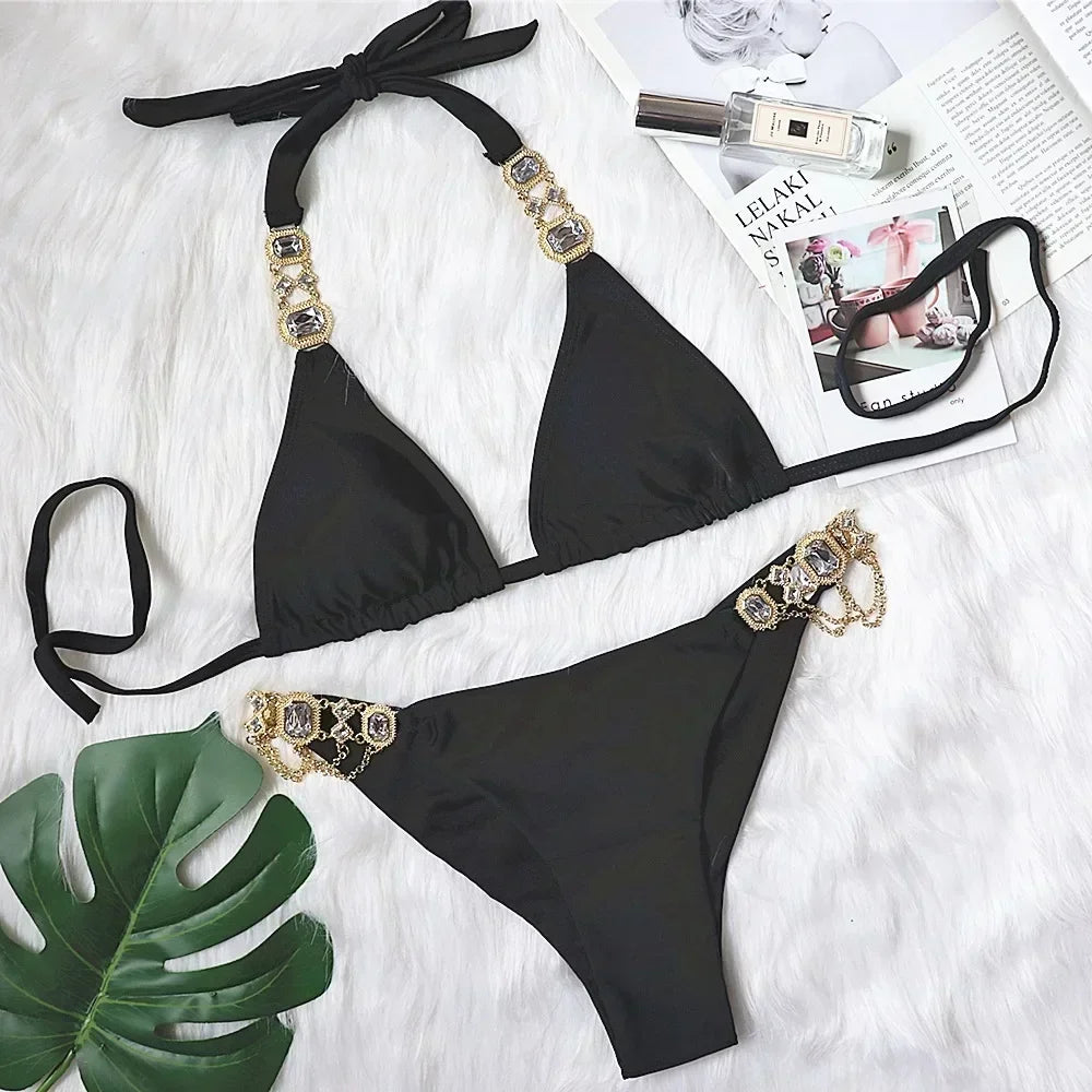 Crystal Diamond Bikinis Creative Metal Chain Accessories Swimsuit Straps Solid Color Low Waist Thong Beachwear 2025