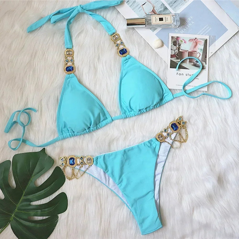 Crystal Diamond Bikinis Creative Metal Chain Accessories Swimsuit Straps Solid Color Low Waist Thong Beachwear 2025