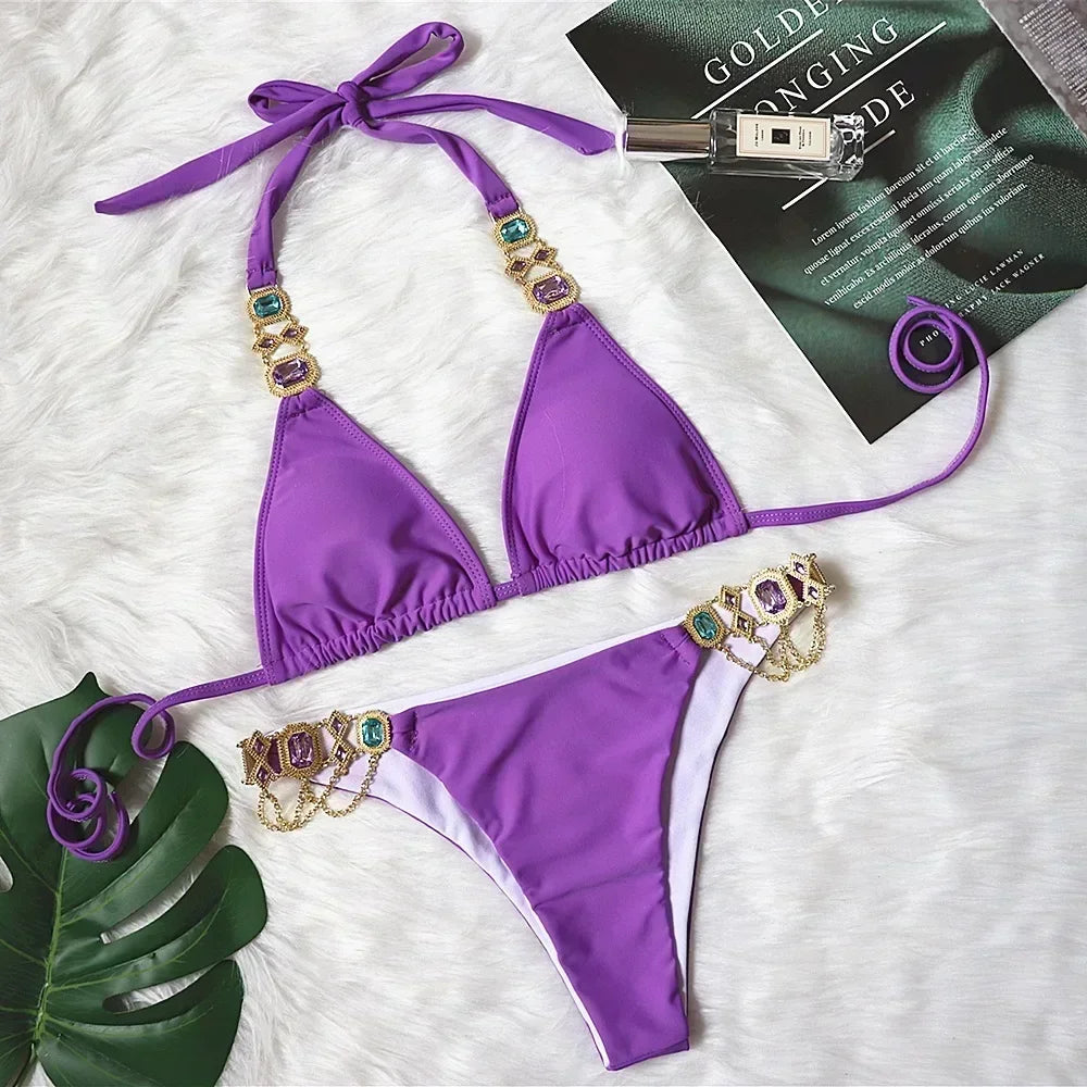 Crystal Diamond Bikinis Creative Metal Chain Accessories Swimsuit Straps Solid Color Low Waist Thong Beachwear 2025