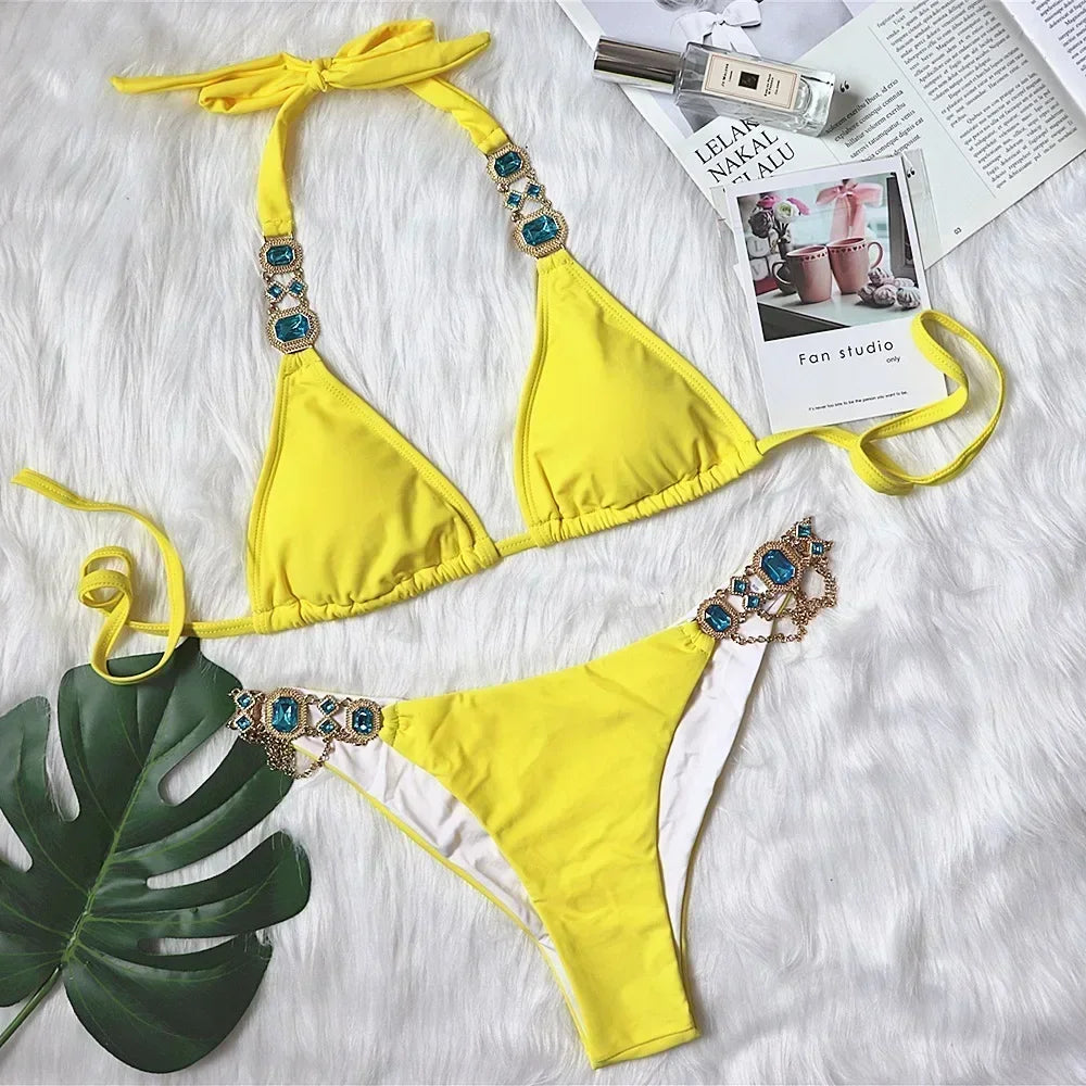 Crystal Diamond Bikinis Creative Metal Chain Accessories Swimsuit Straps Solid Color Low Waist Thong Beachwear 2025