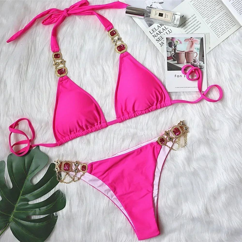 Crystal Diamond Bikinis Creative Metal Chain Accessories Swimsuit Straps Solid Color Low Waist Thong Beachwear 2025
